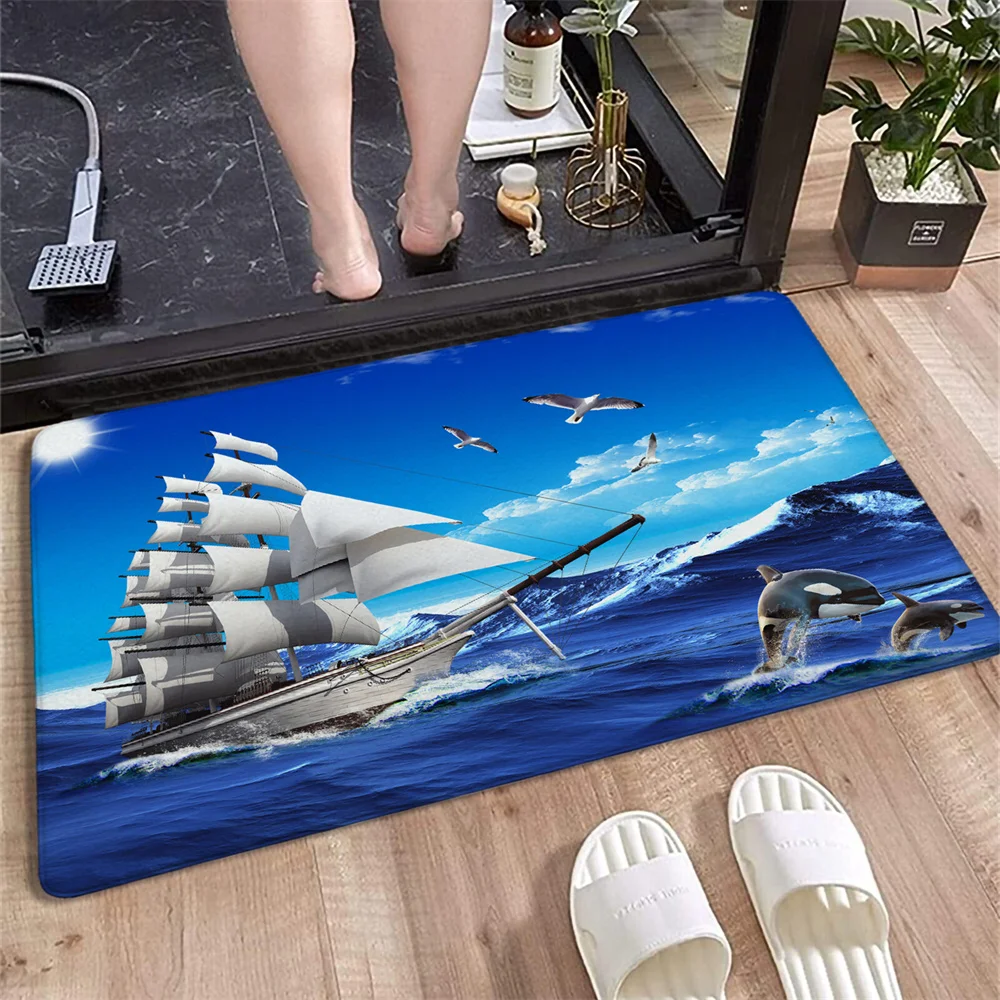 Современный парусный живописный дверной коврик синий океан КИТ 3D-печать полиэстер напольный ковер анти-sip впитывающий вход коврик Декор