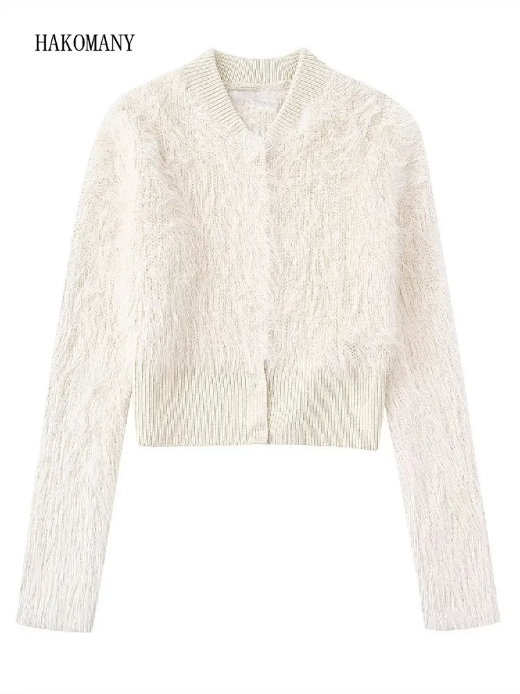 

2022 Woman V neck Cropped Sweater Center Buttons Knitwear Jumper Autumn Winter Ivory Knitting Long Hairy Shaggy Cardigan