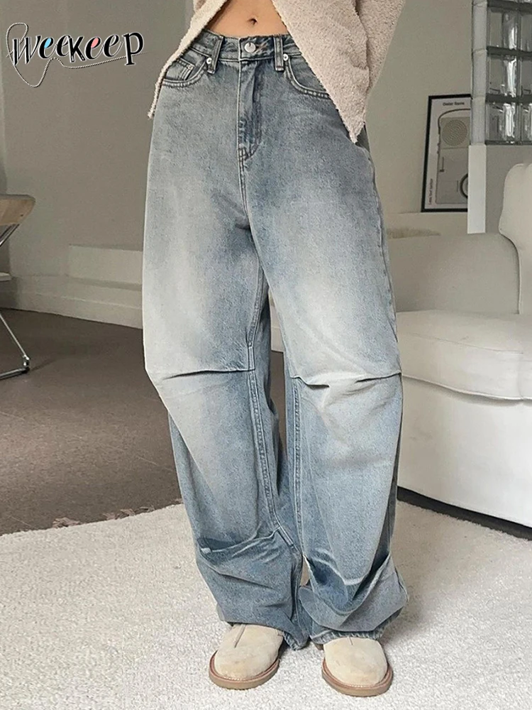 

Weekeep y2k уличная одежда свободные джинсы повседневные Ретро 90d низкая посадка складки мешковатые джинсы для мамы потертые джинсовые брюки корейская мода брюки