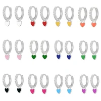 925 sterling silver rhinestone small circle hoops with cute candy neon color heart hanging earrings for women fashion jewelry