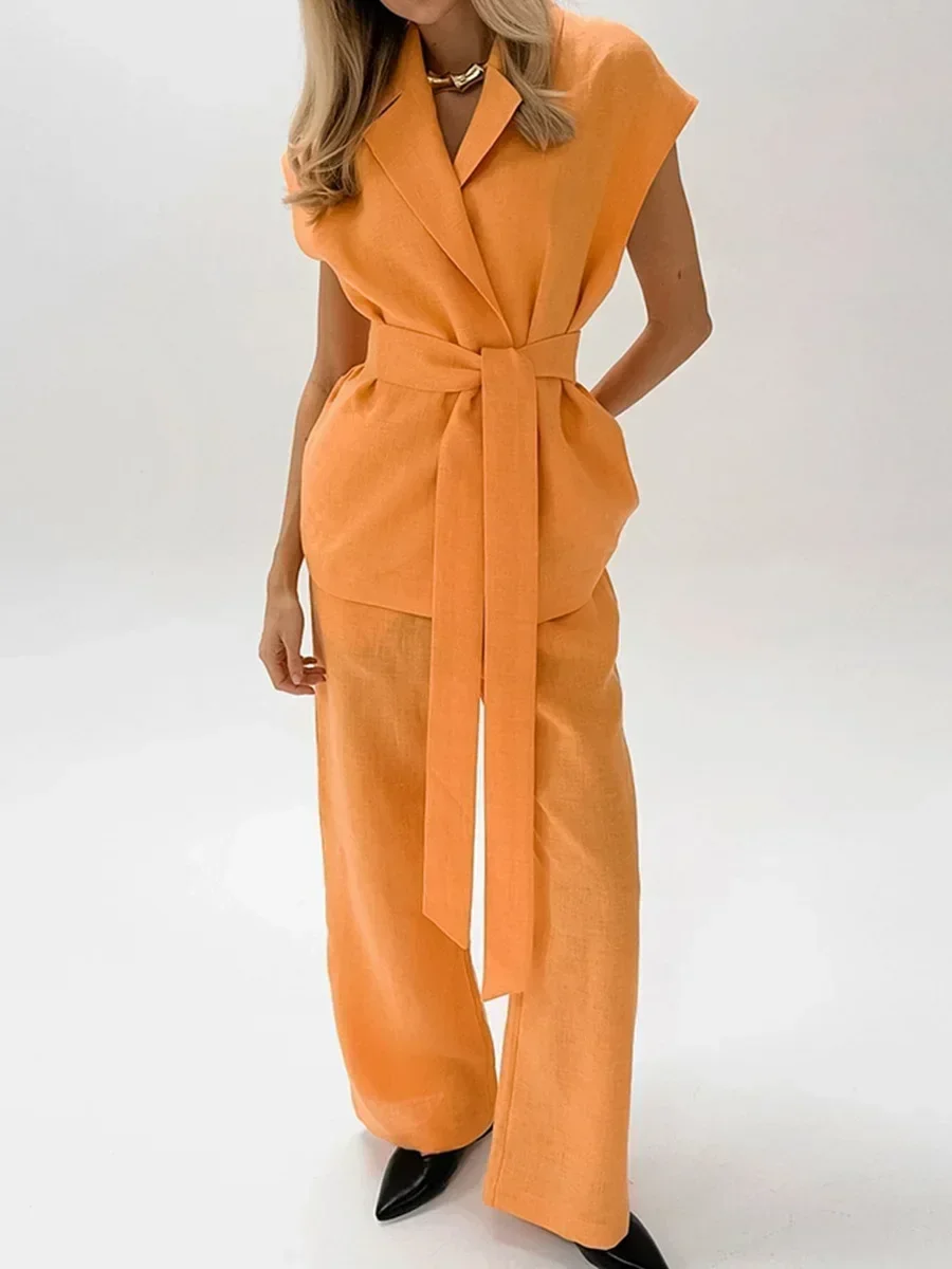 Ярко-оранжевые костюмы из хлопка и льна с отложным воротником рубашка на