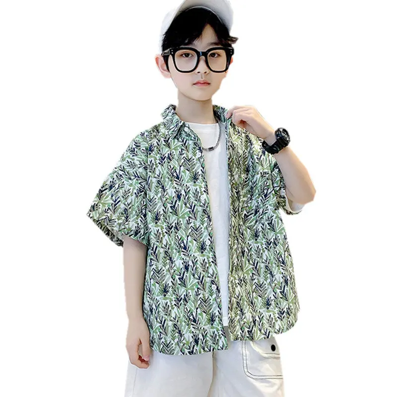 

2022 New Summer Korean Children's Shirt For Boys Short Sleeve Print Kids Casual Shirts Teenage Fashion Clothes Age 5-14Years Old