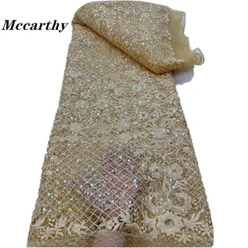 Mccarthy African Sequins Lace Fabric 2023 High Quality Embroidery Beaded Nigerian French Tulle Lace Material For Wedding Dress