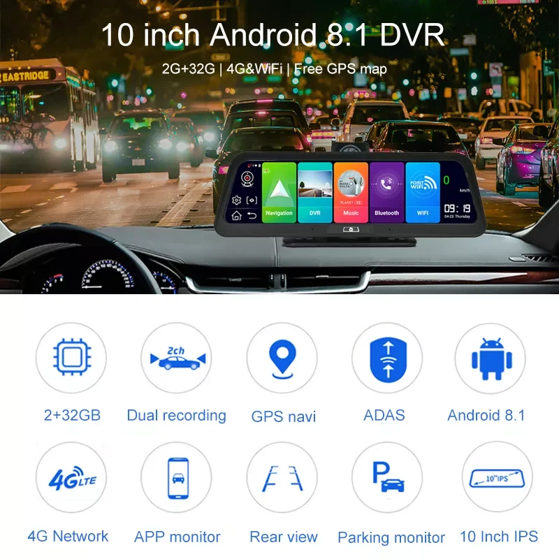 

Автомобильный видеорегистратор, 10 дюймов, Android 8,1, 4G, GPS-навигация, ADAS 1080p, Двойной Автомобильный видеорегистратор, камера заднего вида, 24 часа ...