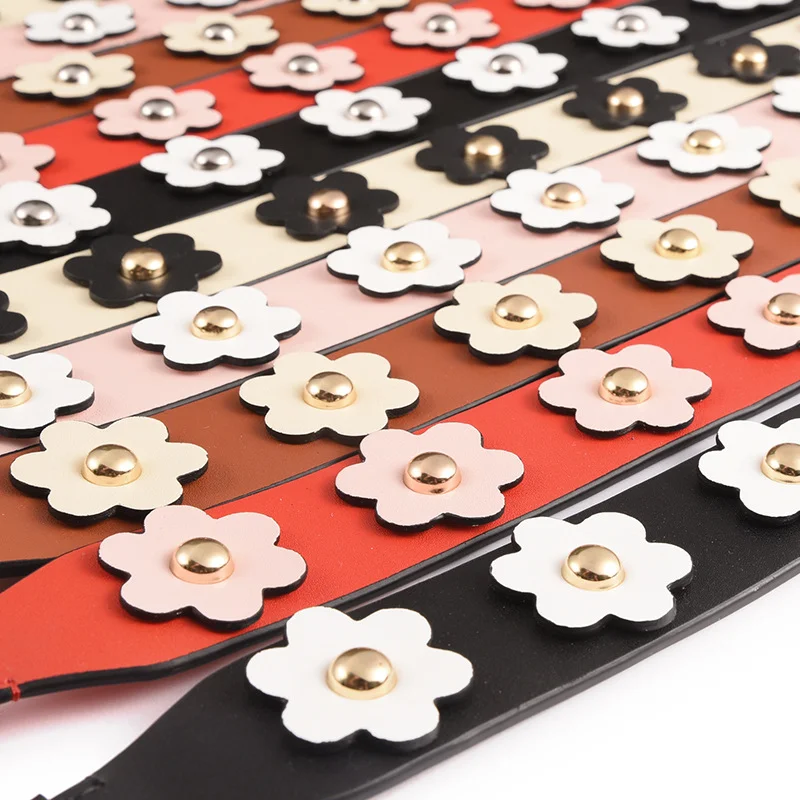 Bag Strap Fashion Vintage Gold Metal Flower Rivet Bag Strap Real Leather Shoulder Strap Women Replacement Bag Parts Accessories