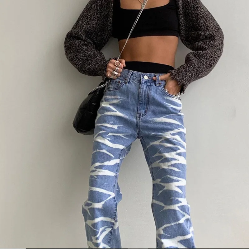 

Cow Striped Print Jeans Women High Waist Denim Straight Pants Korean Fashion Indie Style Milk Print All-Match Casual Trousers