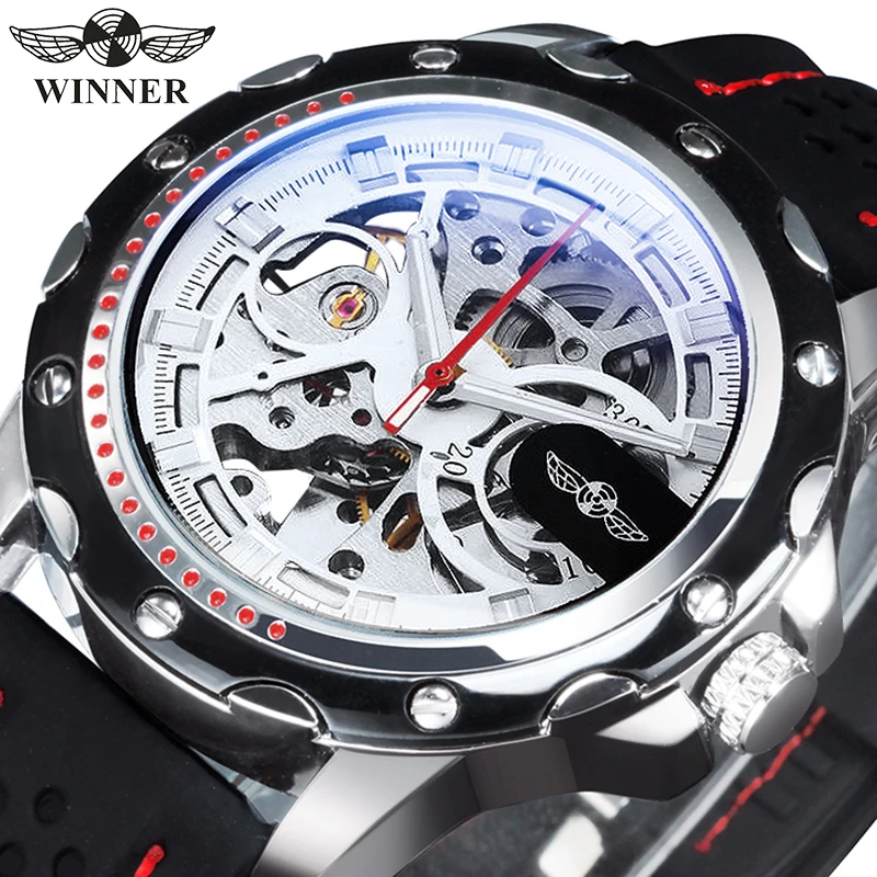 

WINNER Sports Automatic Mechanical Watch for Men Military Skeleton Casual Rubber Strap Luxury Brand Mens Watches Luminous Hands