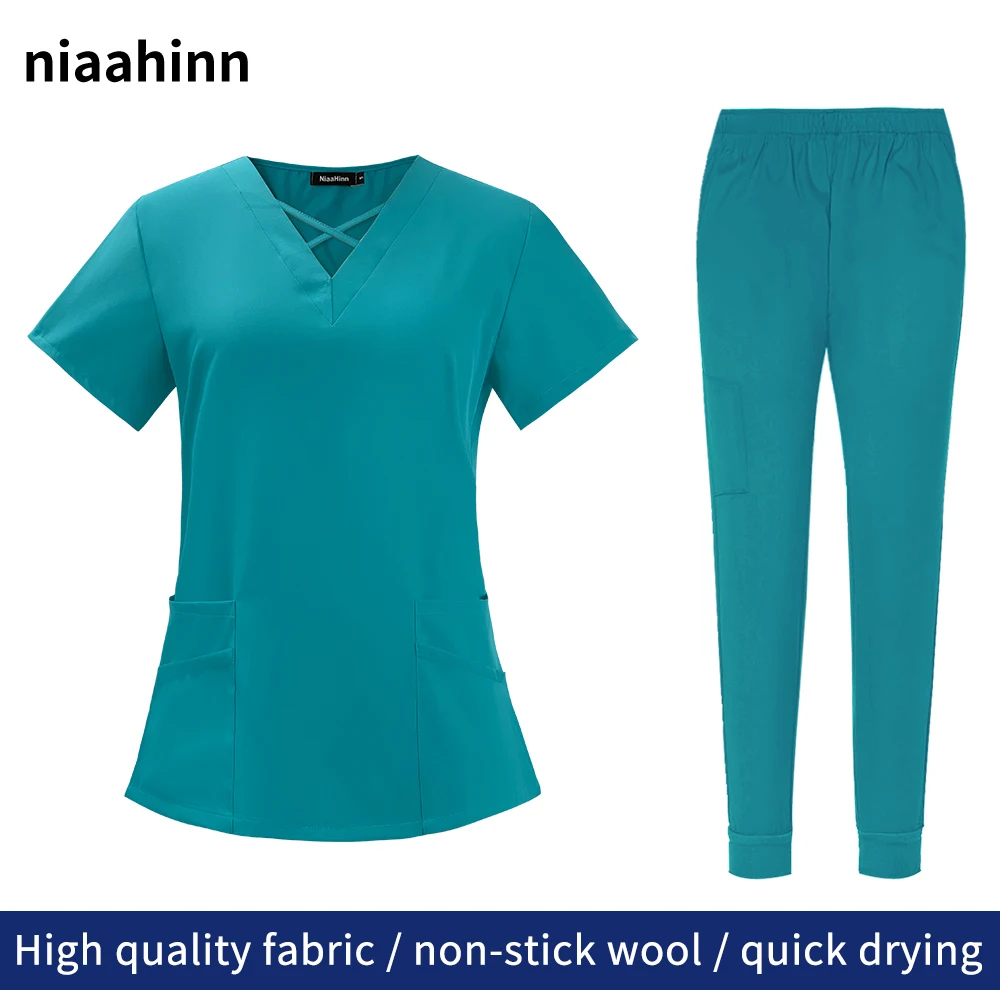 

Hospital Nursing Uniform Pet Doctor Scrubs Tops Pants Women Solid Color Short Sleeved Nurse Work Clothes Medical Uniforms Female