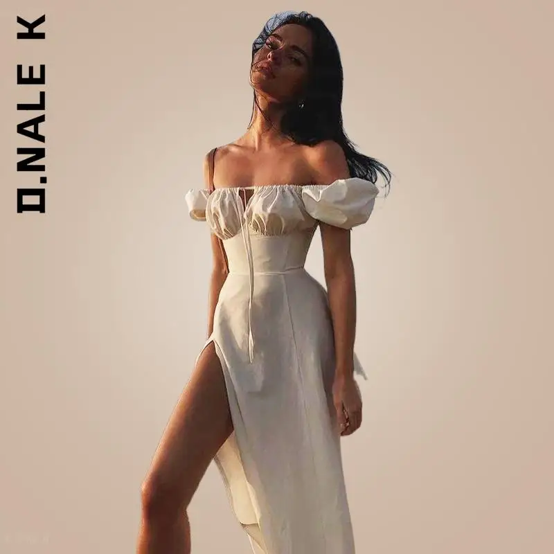 

D.Nale K Off Shoulder Puff Sleeve White Dress Cut out Tie up Side Split Ruched Long Dress robe femme Summer Dress 2022
