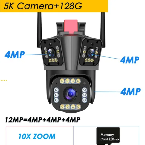 Водонепроницаемая IP-камера для системы видеонаблюдения с тремя объективами, 5K, 12 Мп, Wi-Fi