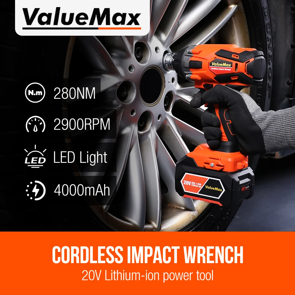 ValueMax 20V Electric Wrench 280N.m Cordless Impact Wrench 4.0Ah Li-ion Battery 1/2