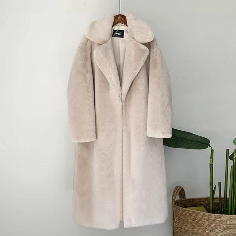 Women Faux Rabbit Fur Coat Jacket Winter Lengthen knee Fur Coat Loose Lapel OverCoat Thick Warm Plus Size Female Plush Coats