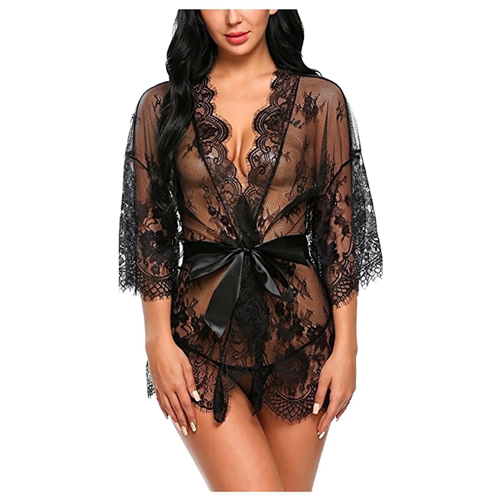 

Женская кружевная ночная сорочка с длинным рукавом и поясом