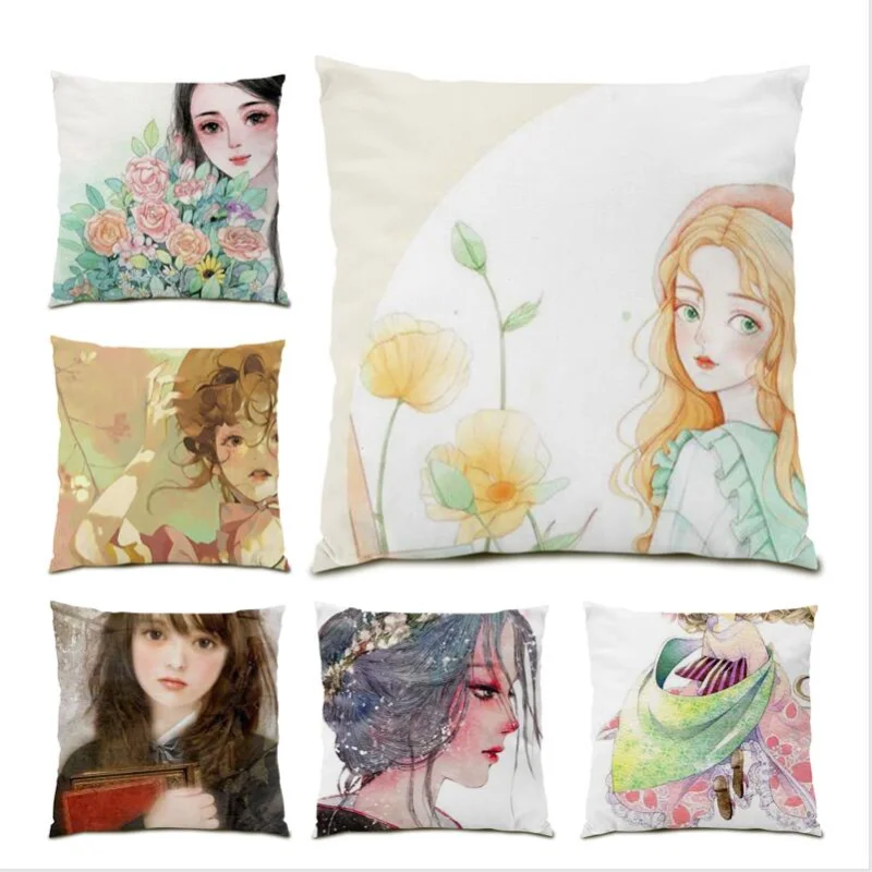 

Cartoon Girl Pillowcase Painting Living Room Decoration Bed Cushion Cover 45x45 Velvet Cartoon Gift Poster Home Decor New E1059