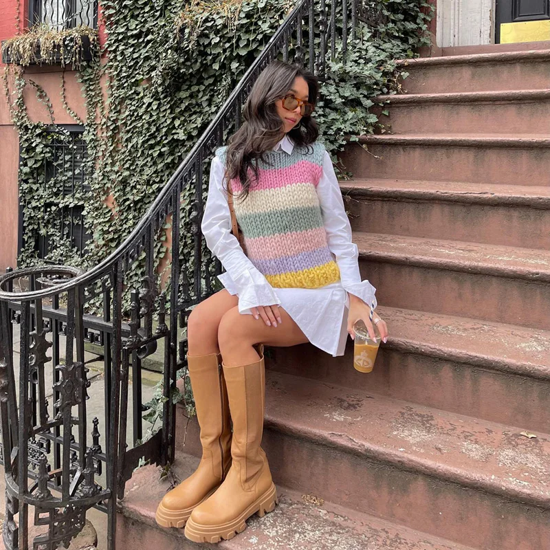 Вязаный свитер в радужную полоску Gaono винтажные женские пуловеры Y2K эстетичная