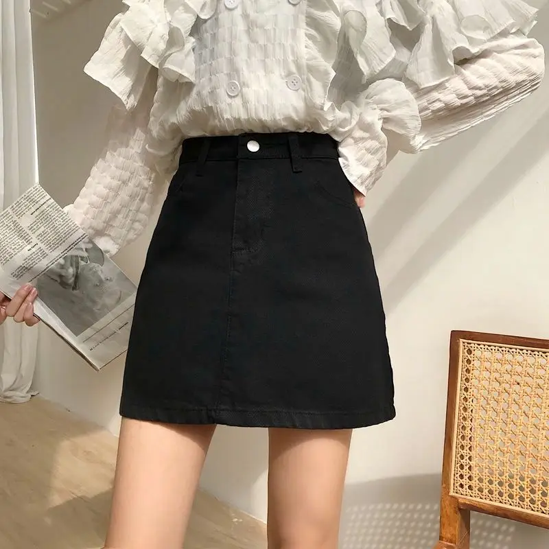 Black denim skirt women's new spring and summer Korean version of Joker high waist a word hip denim skirt women