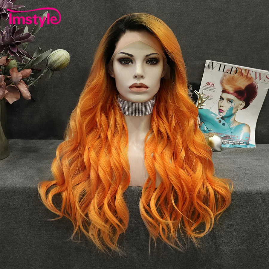 

Imstyle Synthetic Lace Front Wig Orange Wig Long Natural Wavy Wigs For Women Heat Resistant Fiber Dark Root Cosplay Wig
