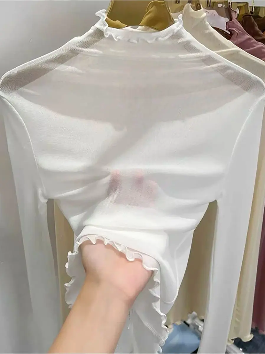 Женская тонкая рубашка с высоким воротником дышащая легкопрозрачная Сетчатая