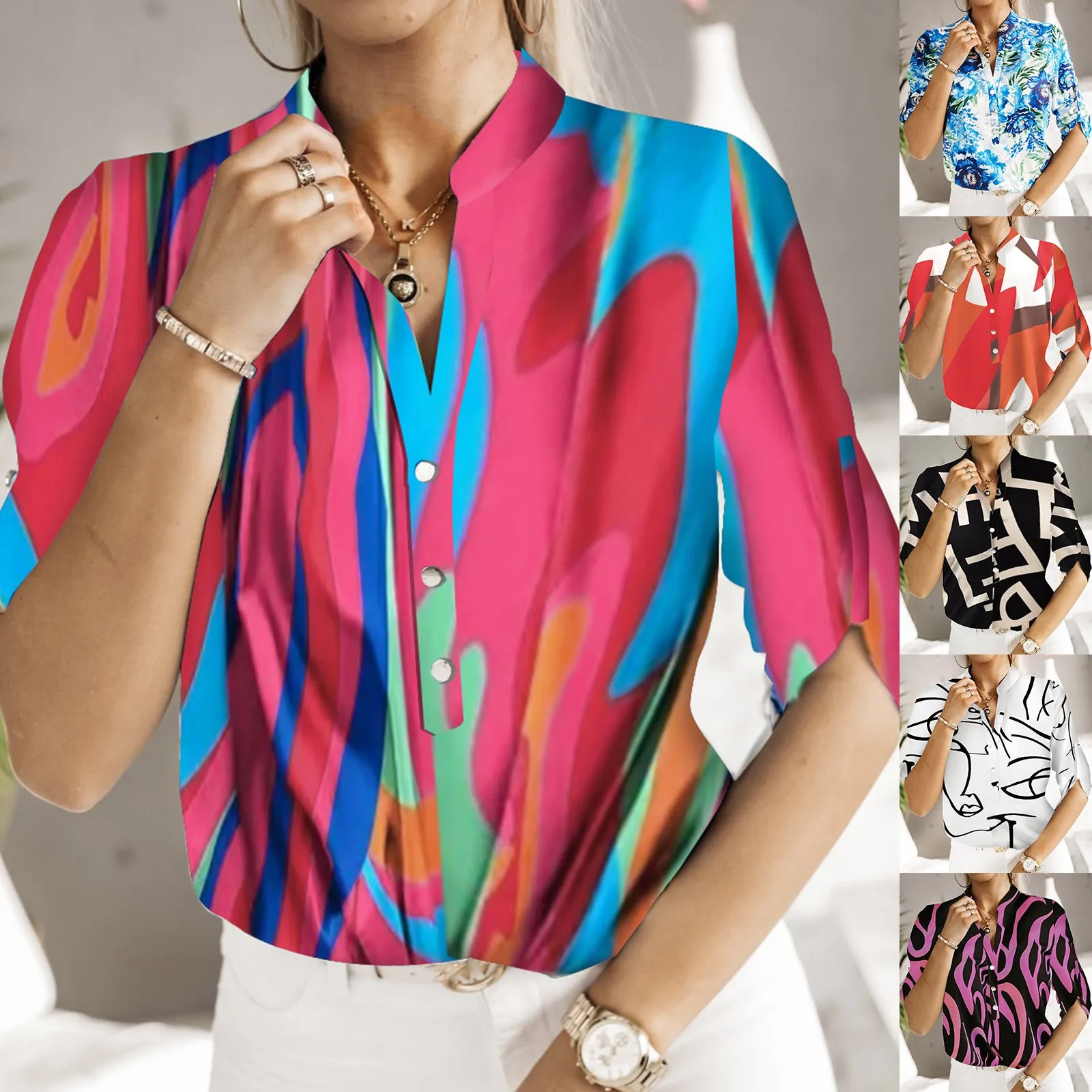 

Женская летняя рубашка с длинным рукавом и цветочным принтом