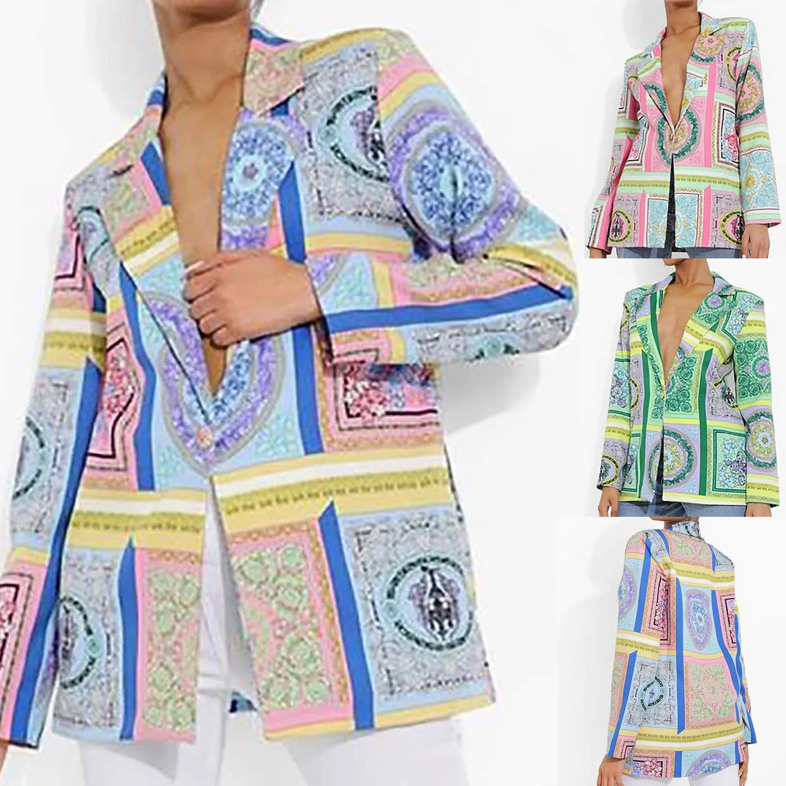 

Women Bright Print Hip Hop Streetwear Casual Lapel Long Sleeve Trendy Suit Jacket Elegant Office 25 Birthday Gifts Women