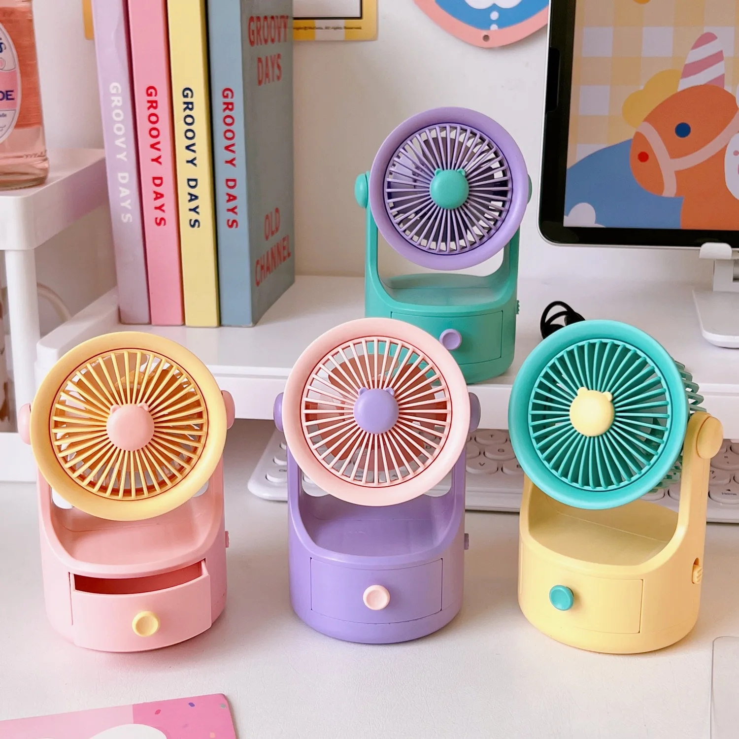 

Electric Fan with Drawer Student Dormitory Bed Home Office Cartoon Mute Mini Desktop Fan Summer Charging Hand Fan