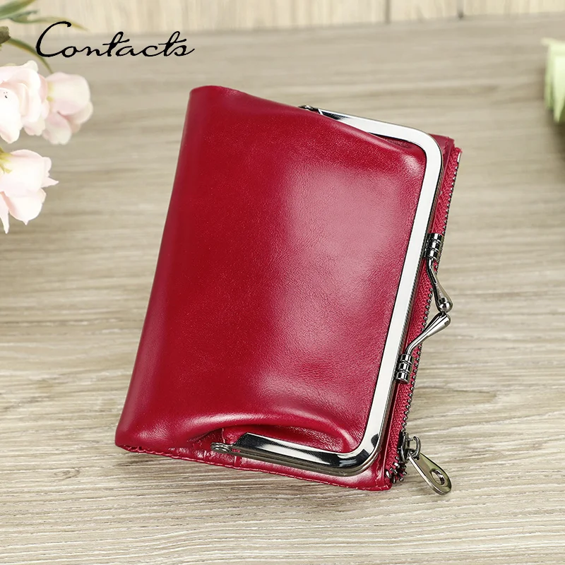

CONTACT'S Kiss Lock Wallets for Women Genuine Leather Short Fashion Women's Purses Metal Frame Card Holder Coin Purse Money Clip