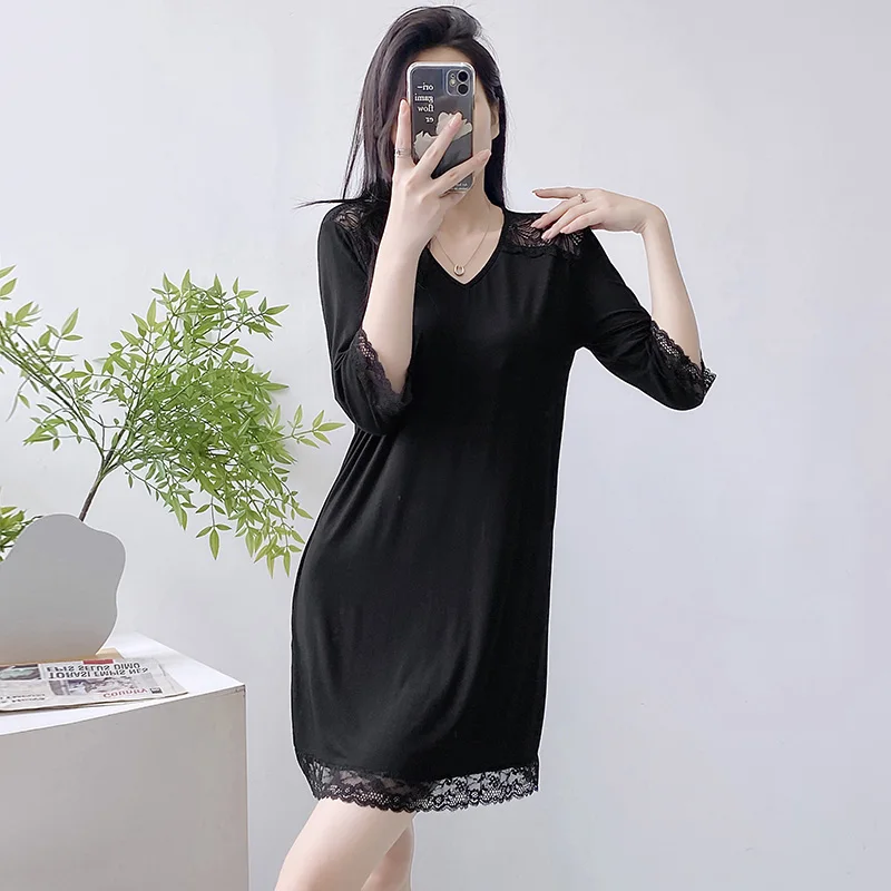 Summer Sexy Pajamas With Chest Pads Modal Nightdress, Lace Trim With Cropped Sleeves, Plus-Size Outerwear For Women's Loungewear