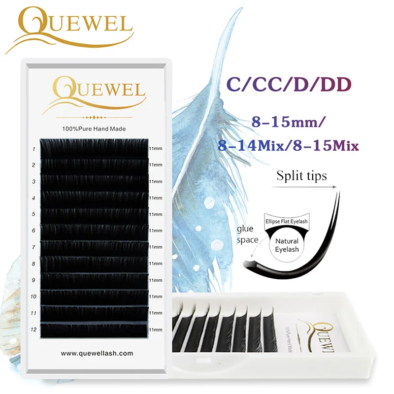 

Quewel Matte Flat Eyelash Extensions Individual Eyelashes Professional Ellipse Lash with Split Tips Soft Silk Flat Eye Lashes