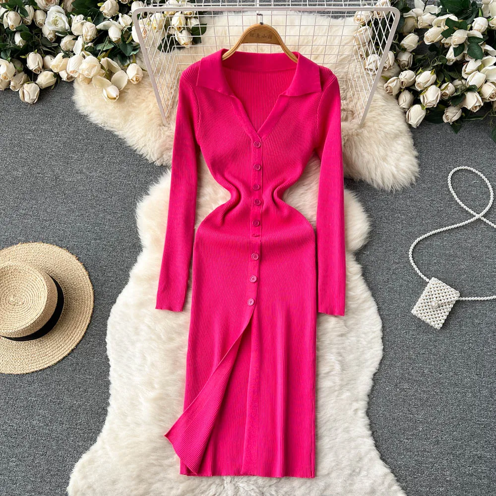 

Chic Single Breated Long Sleeve Bodycon Dress High Split Fashion Elastic Slim Sweater Pencil Dress Sexy Women Autumn Vestido Ins