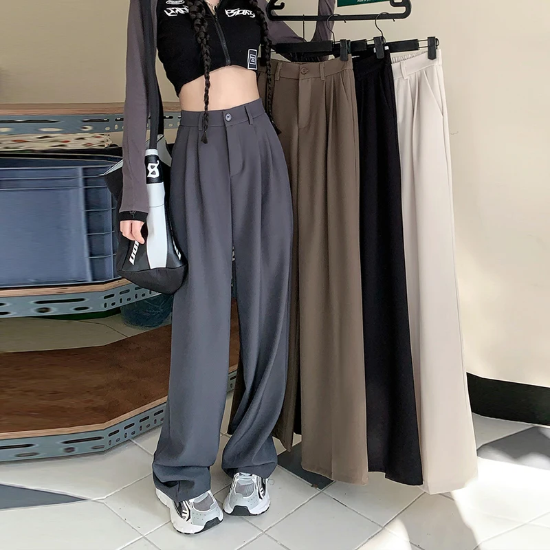 

Female Loose Solid Wide 2023 Pockets Trousers Women Casual Long Waist Pants Pants High Suit Leg Straight Spring Julypalette