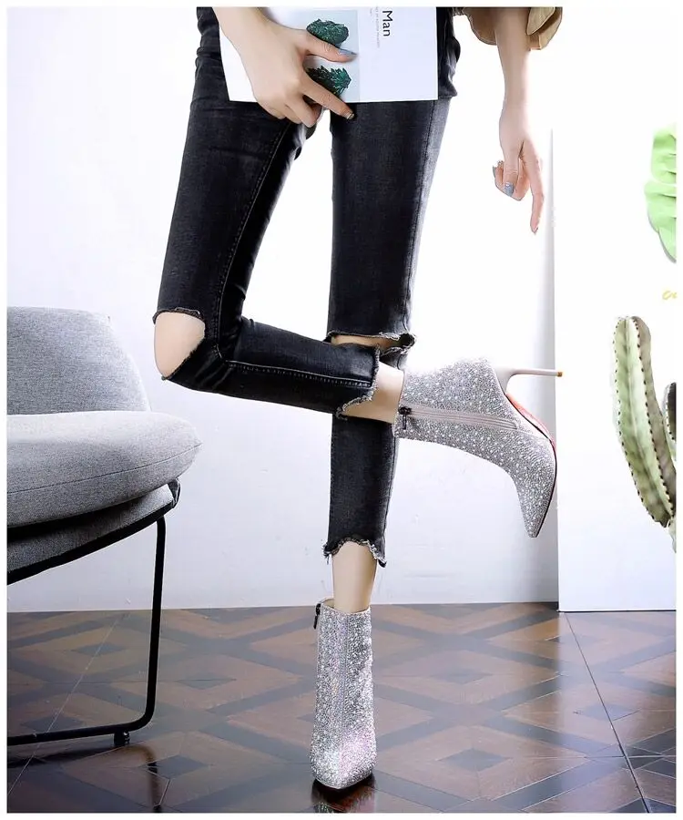 Boots Women's Shoes Trend 2022 Heels Chelsea Ankle Booties Woman Silver Luxury Elegant Heeled Sexy Rhinestone Weddings Bridal