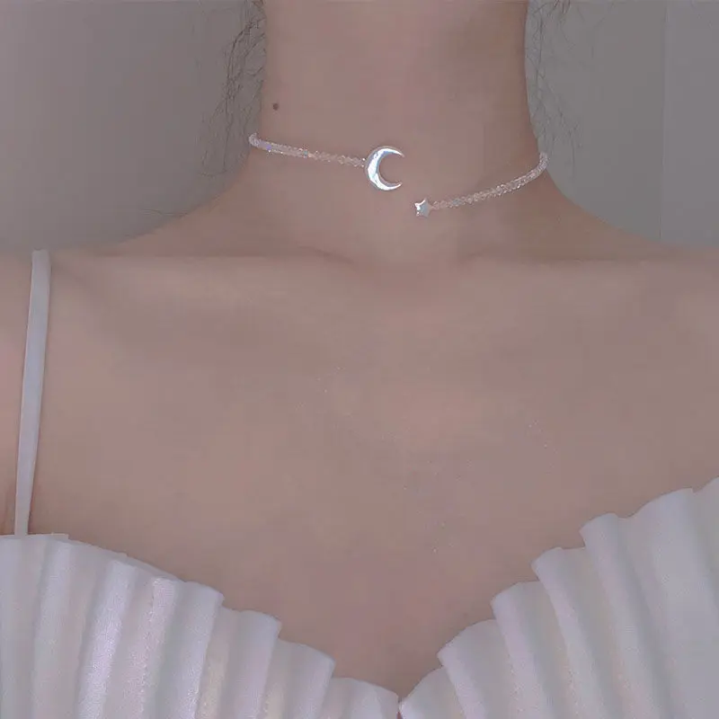 

Moon Star Design Necklace Female Crystal Beaded Clavicle Chain Short Choker Necklaces