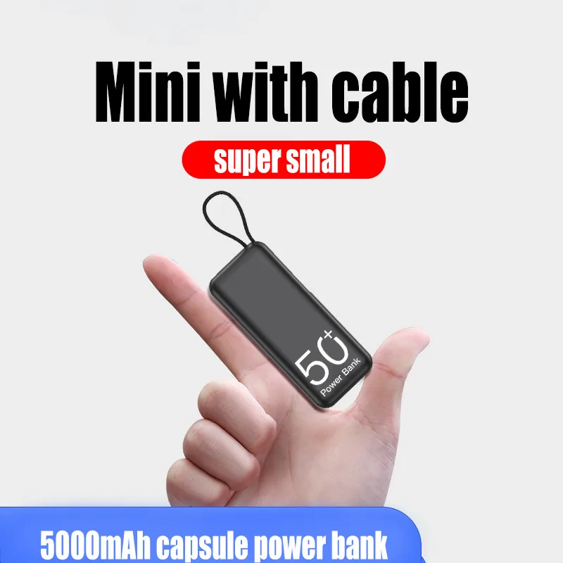 

5000mAh Portable Power Bank Built in Cable External Spare Battery Pack Mini Powerbank For iPhone 14 13 Samsung S22 Xiaomi 12S