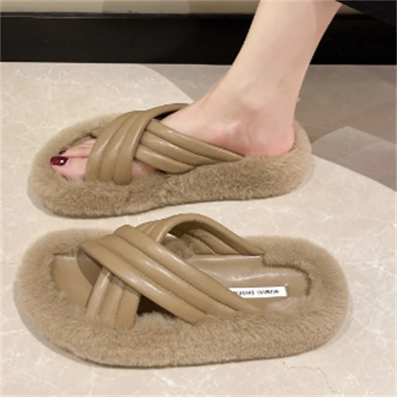 

Furry Cotton Slippers Women Soft Plush Warm Floor Slides Luxury Hairy Flip Flops Female Flat Shoes Concise Home House Slippers