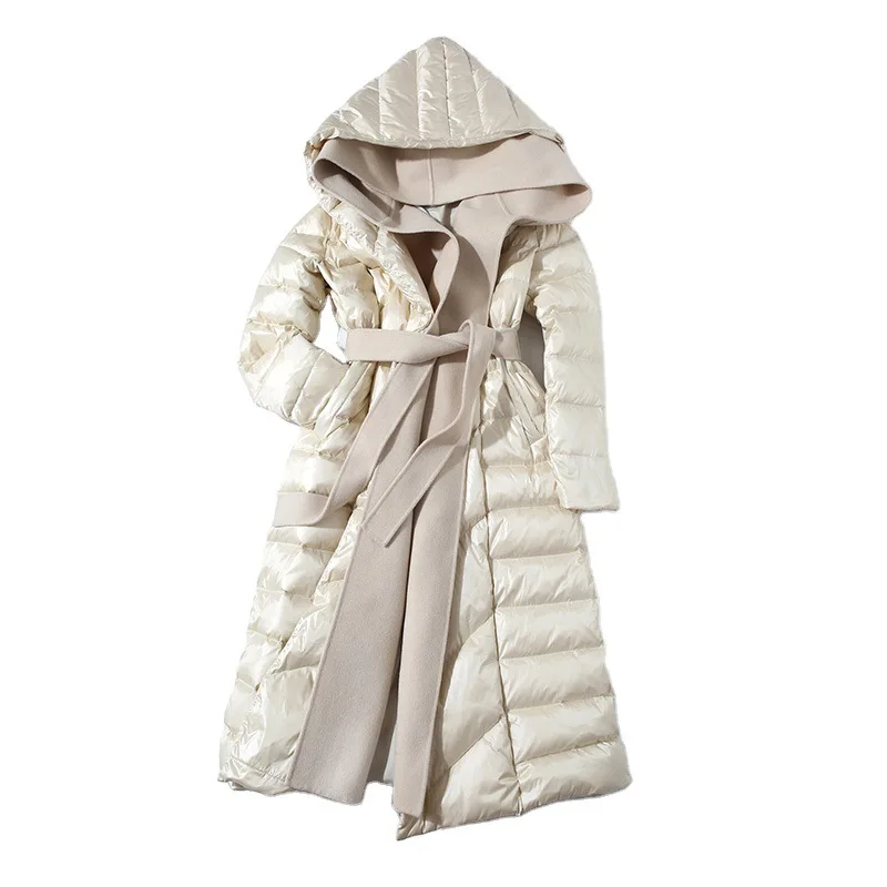Winter long white duck down jacket women's hooded padded coat