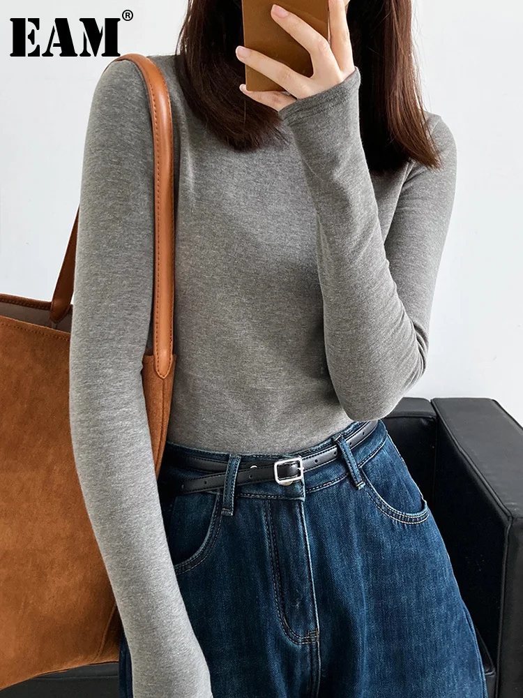 

[EAM] Свободная Женская серая Повседневная теплая футболка с флисом, новая водолазка с длинным рукавом, модная осенне-зимняя 2022 1DF3682