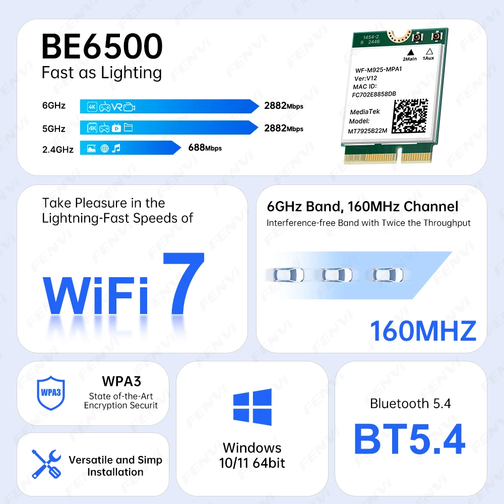 Фото Сетевая карта WiFi 7 MT7925 BE6500, трехдиапазонная, 2,4G/5G/6 ГГц, Bluetooth 5.4, 802.11BE, беспроводной адаптер M.2 NGFF для ПК AMD, Win 10/11 №1