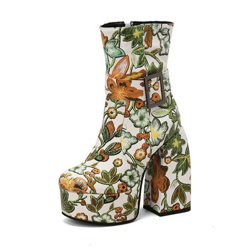 

Flower Embroidered 14CM Super High Heel Belt Buckle Platform Women's Ankle Boots Thick Heel Goth Fashion Martin Boots Brand