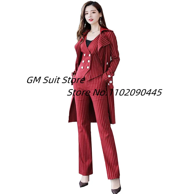 Women's 3 Piece Office Lady Suit Set Stripes Business Slim Fit Blazer Jacket Pant Formal Pant Suits