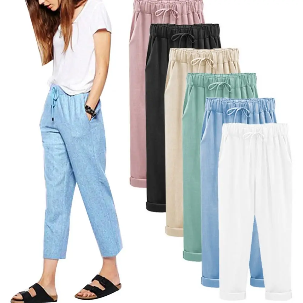

Pants Cotton Women Soft Drawstring Loose Solid Color Trousers Linen Cropped Harem Linen Harem