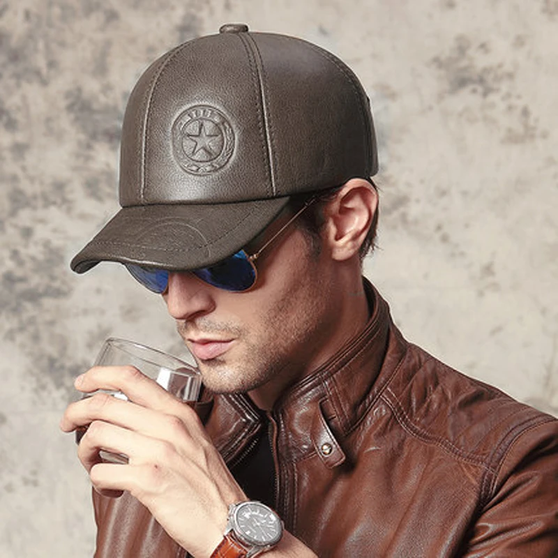 

New 2022 Winter Man Genuine Leather Baseball Caps Male Casual Cowhide Tab Earflap Ear Warm 56-60 Adjustable Sprot Flight Hats