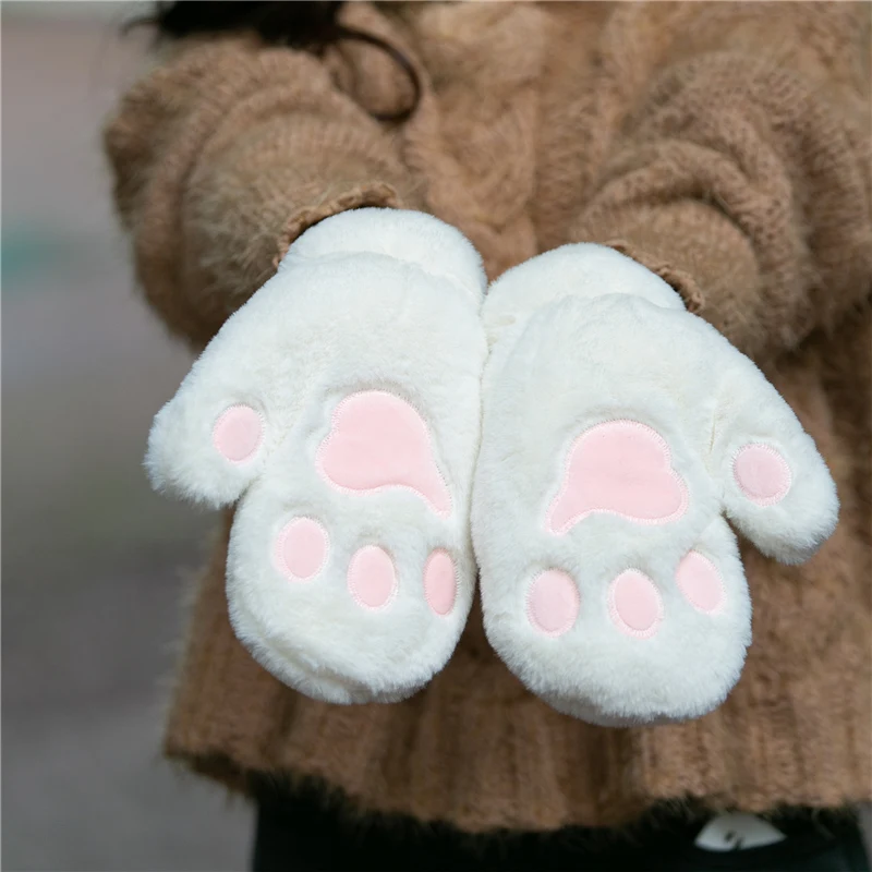 

Cat's Paw Cute Plush Thickened Mittens Winter Female Fleece Full Finger Gloves Velvet Korean Version of Furry Japanese Soft Girl