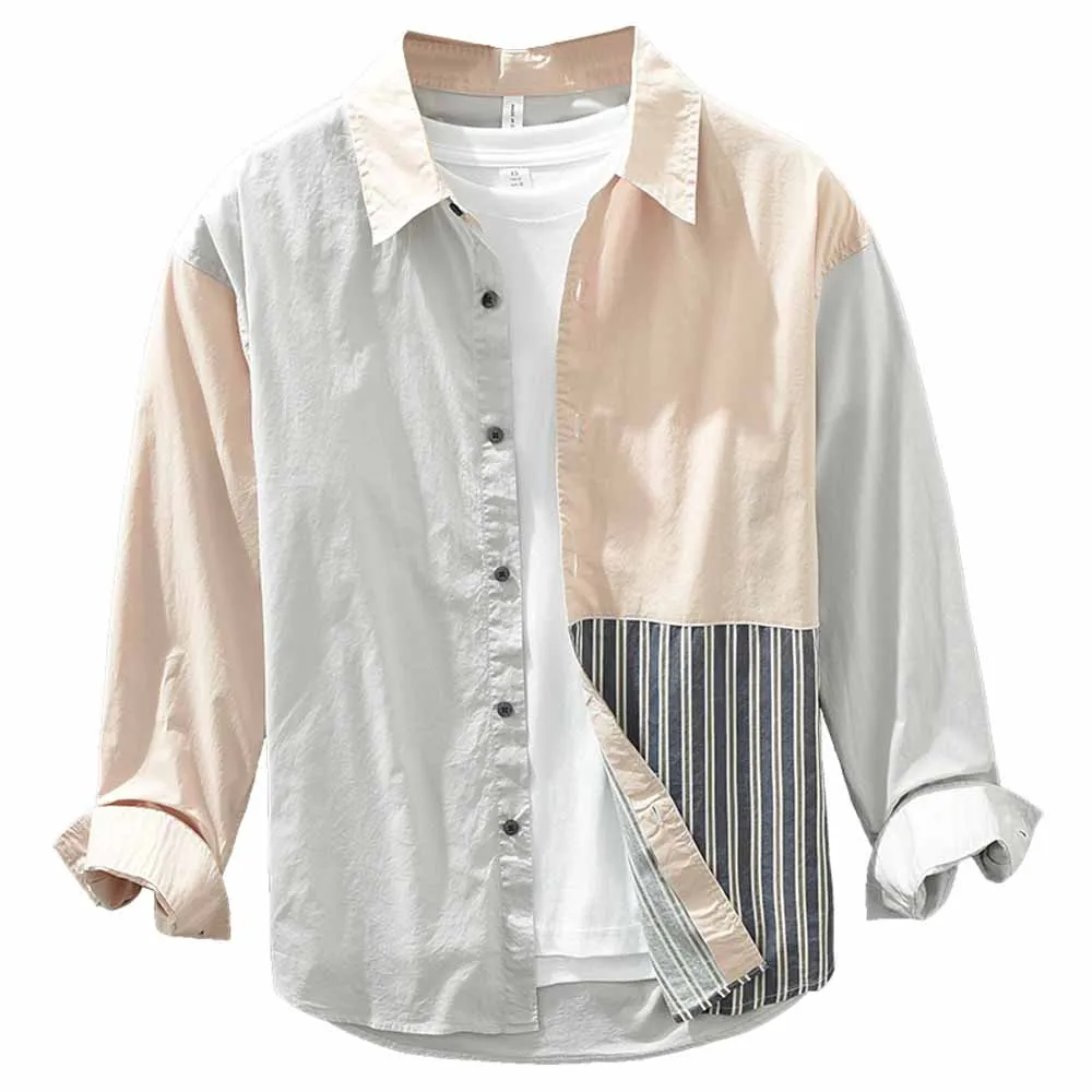 Long Sleeve Patchwork Shirt Men Slim Fit Cotton Casual Shirts Men Clothing Fashion New Spring