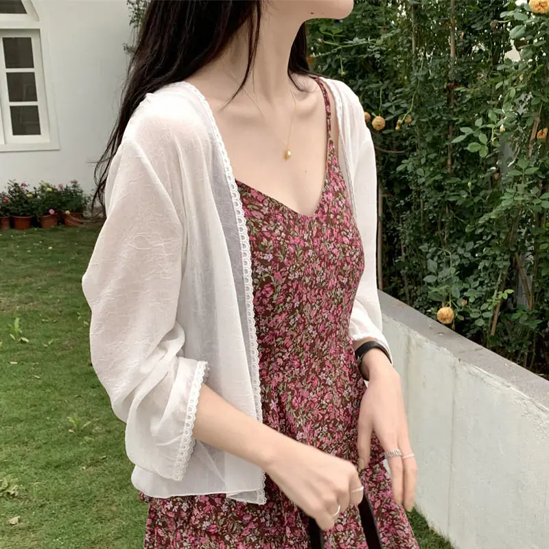 

Geskeey Hot Summer Solid Color Loose Short Chiffon Shirt New Sunscreen Seaside Wear Thin Coat Women's Large Shawl Top