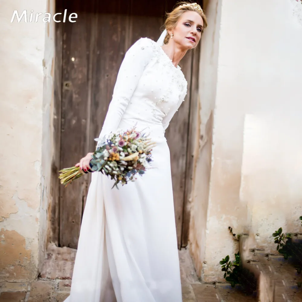 

Polished Sheath\Column Wedding Dress Lovely O-Neck Bridal Gown Graceful Beading Dresses Beautiful Long Sleeve Vestido De Novia