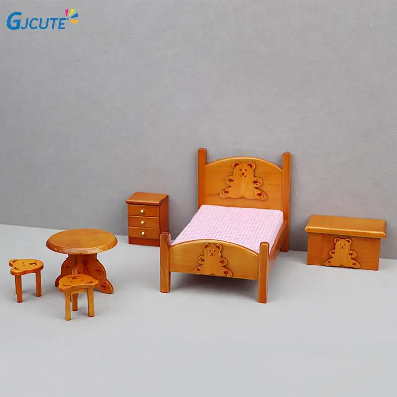 

1 Set 1/6 1/12 Scale Dollhouse Little Bear Bed Set Dollhouse Bedroom Furniture Decorations Dolls House Kid Room Accessories