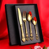 stainless steel spoon and fork embossed european imperial titanium plated gold tableware western table knife and fork spoon set