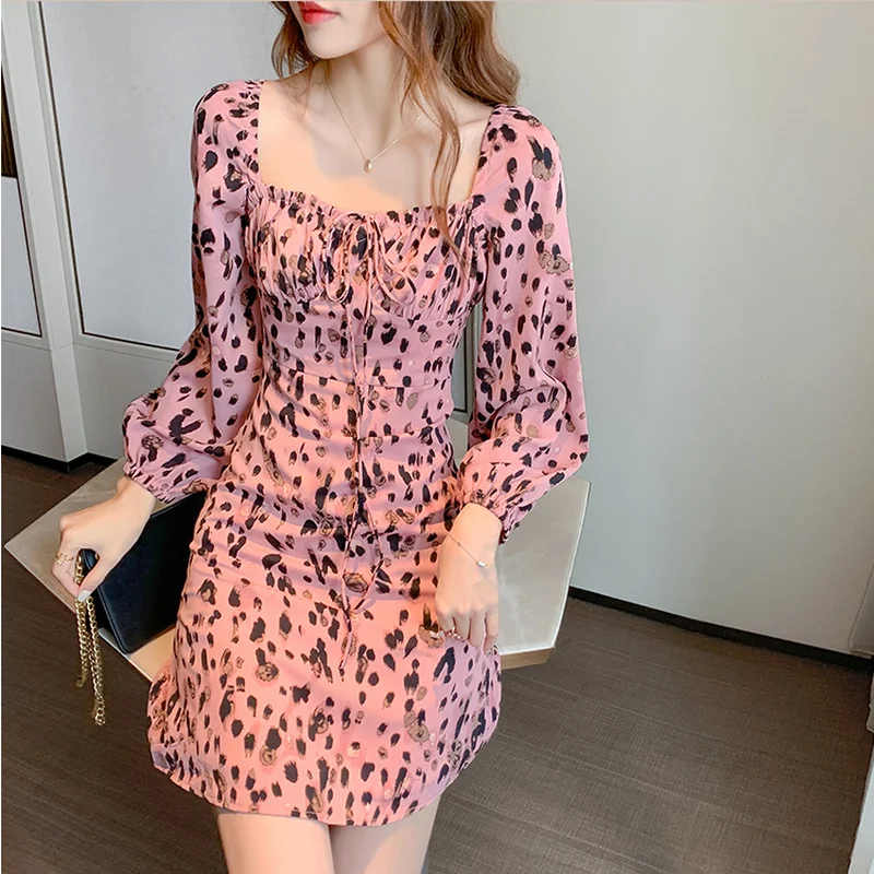 

Spring Summer Female Vestidos Vintage Print Leopard Long Sleeve A-line Casual Chiffon Dresses Women Sexy Mini Dress