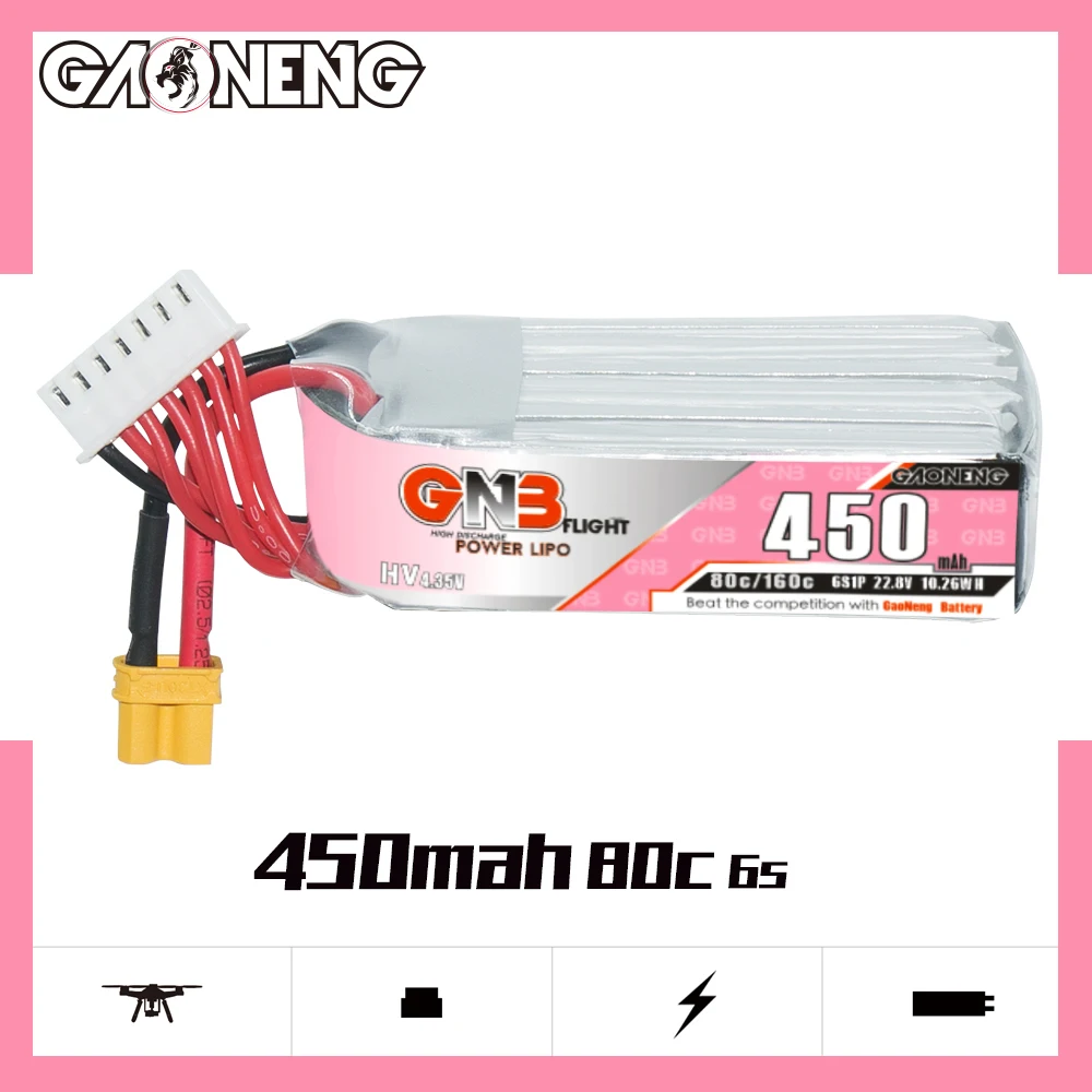 

GAONENG GNB 450mAh 6S1P 22.8V 80C/160C Light Weight LiHV Lipo Battery With XT30 Plug For RC Micro FPV Drone RC Helicopter Parts