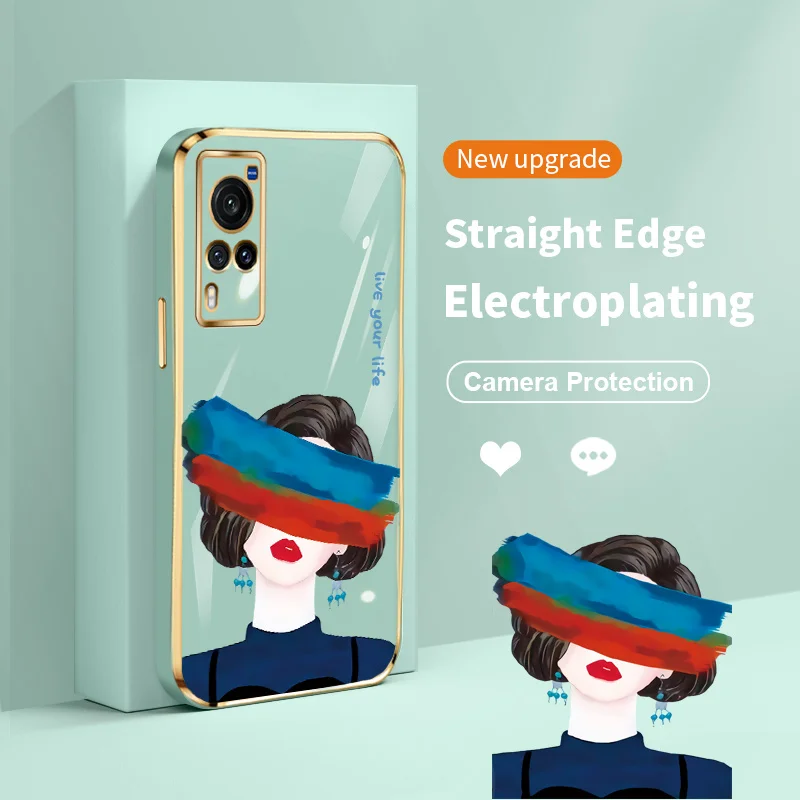 

Graffiti Eyes Girl Plating Lens Protection Phone Case for vivo X60 X60S X70 X70T X80 X60 Pro Plus Soft TPU Silcone Square